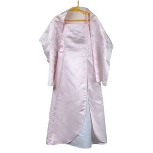 Pink Satin Formal Flower Girl Dress Rhinestone Lace Up Party 2pc Shawl Wedding